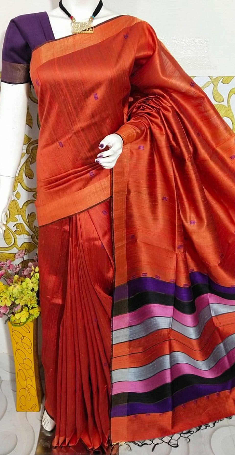 Bright Rust Pure Tussar Dupion Raw Silk Handwoven Saree With Multi Color Pallu