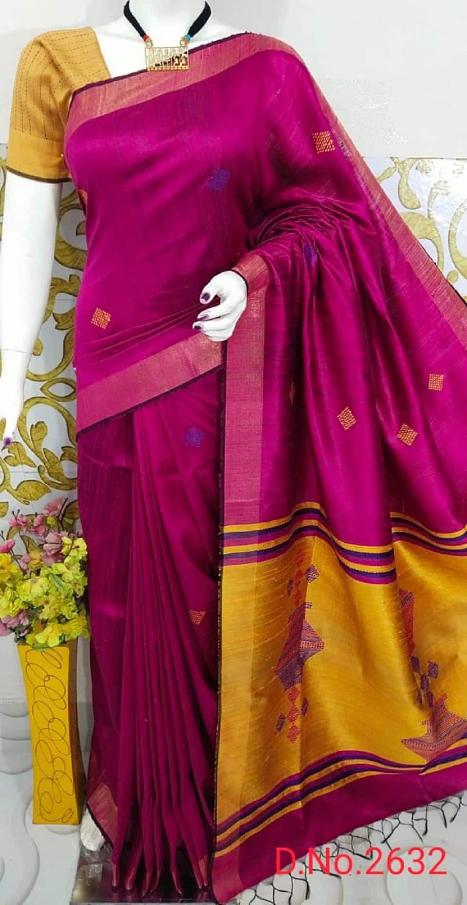 Charming Pink Mustard Handwoven Pure Tussar Dupion Raw Silk Saree