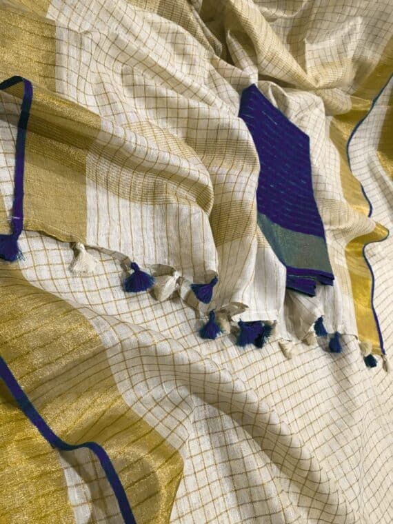 Classy Golden Check Linen Saree With Selvedge Border