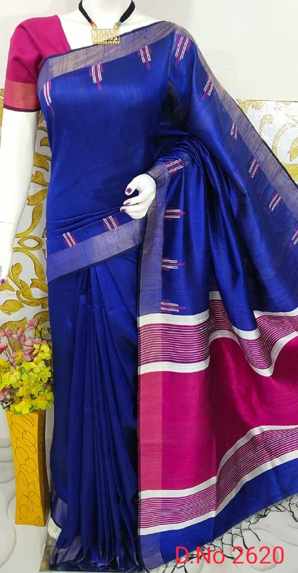 Deep Blue Rani Pink Pure Tussar Dupion Raw Silk Handwoven Saree