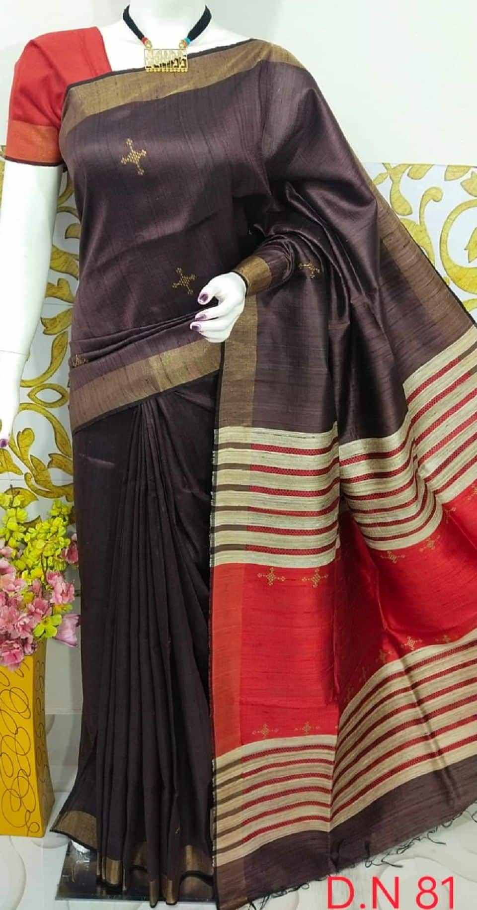 Deep Brown Red Handwoven Pure Tussar Dupion Raw Silk Saree