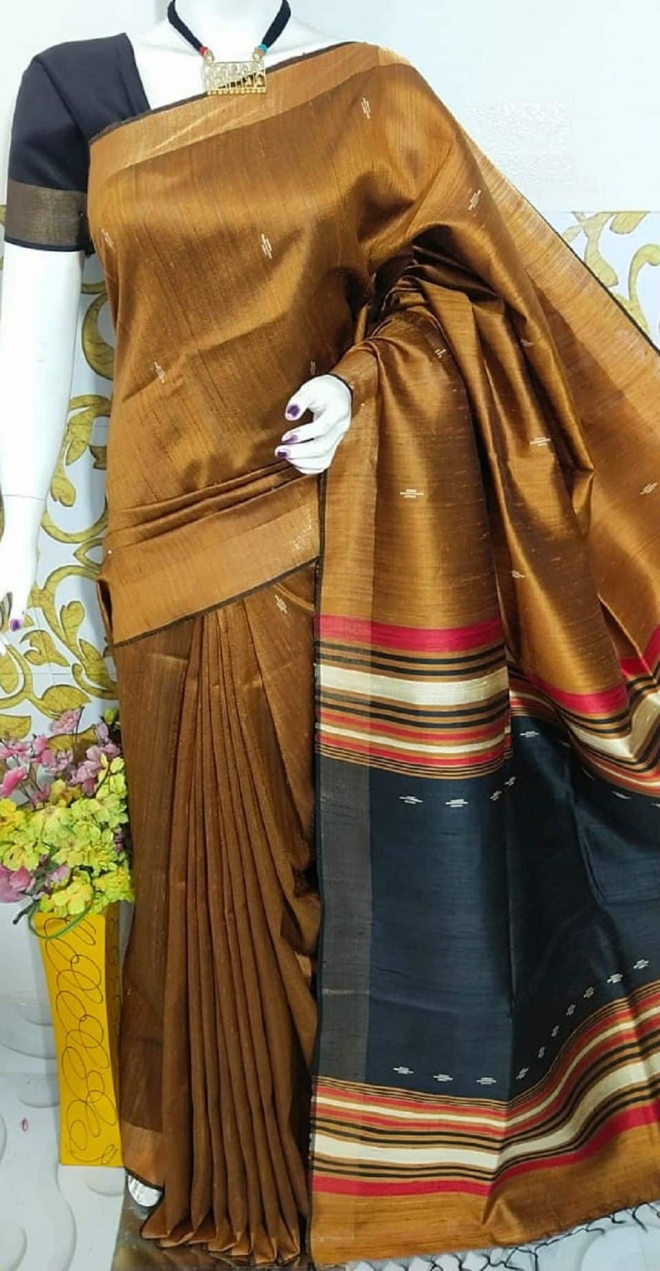 Elegant Mustard Pure Tussar Dupion Raw Silk Handwoven Saree