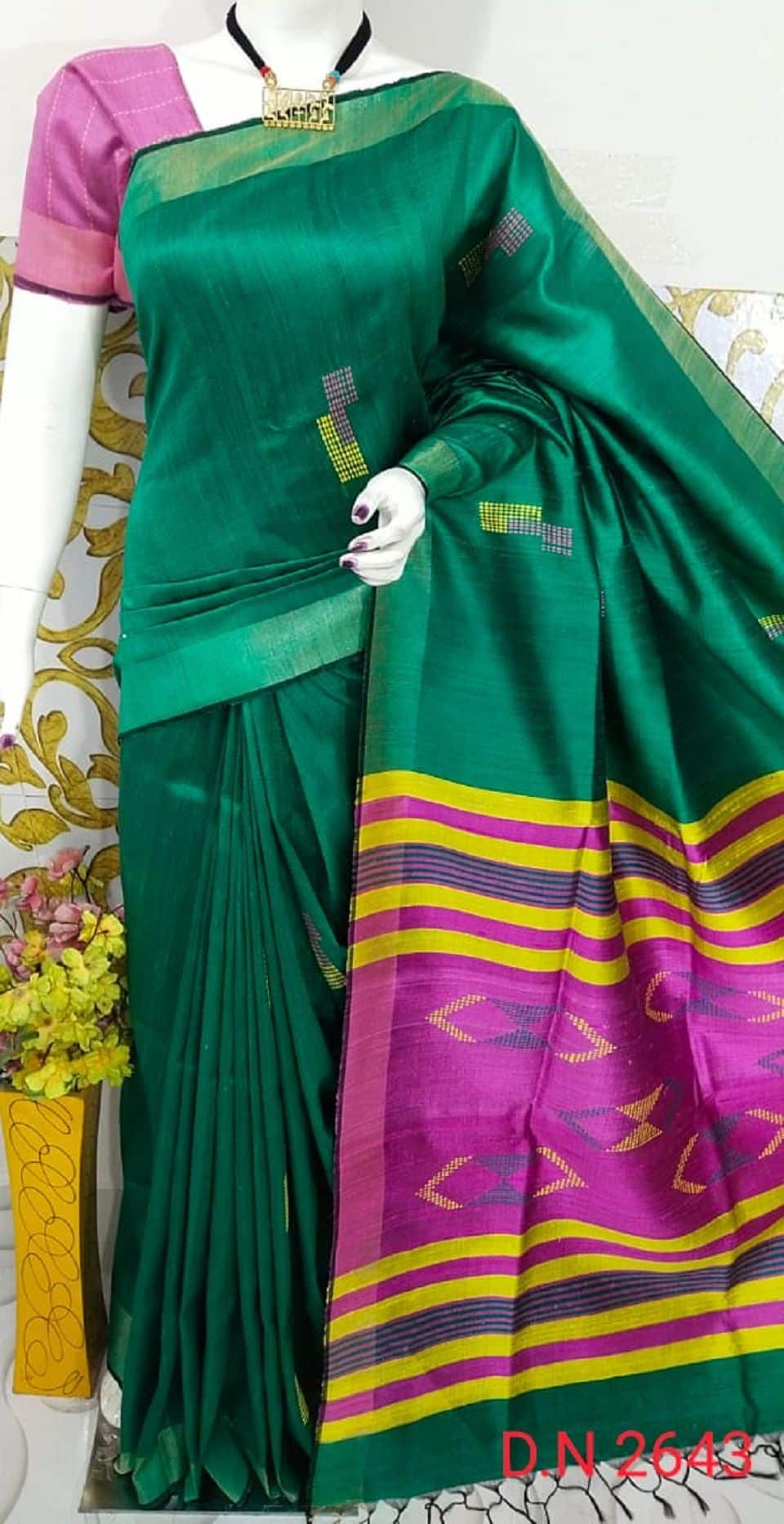 Emerald Elegance Handwoven Pure Tussar Dupion Raw Silk Saree