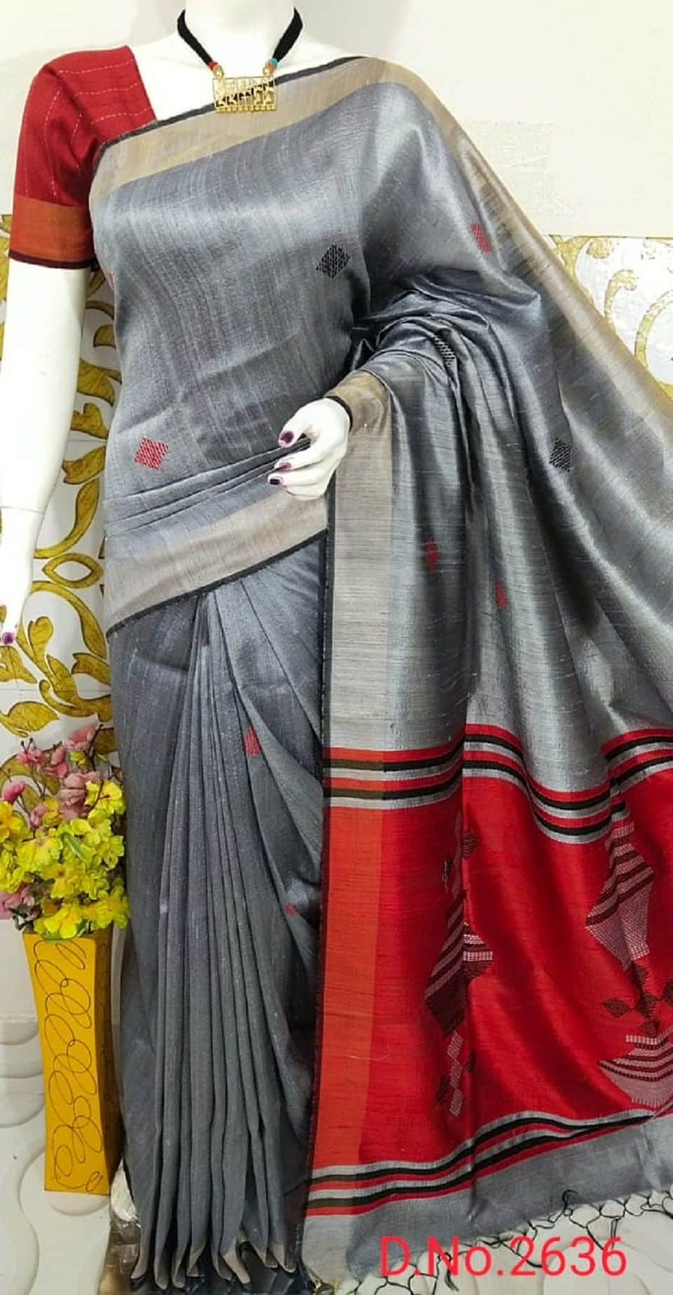 Enticing Grey Red Handwoven Pure Tussar Dupion Raw Silk Saree