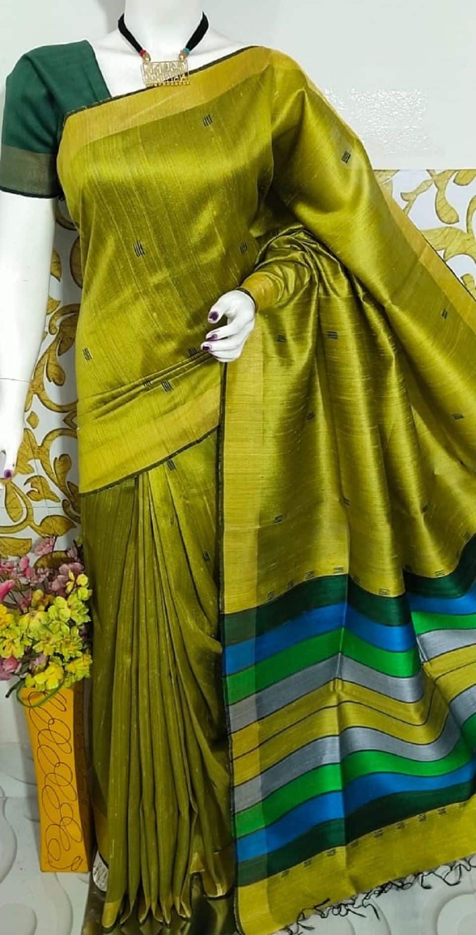 Exquisite Metallic Green Multi Color Pallu Handwoven Pure Tussar Dupion Raw Silk Saree