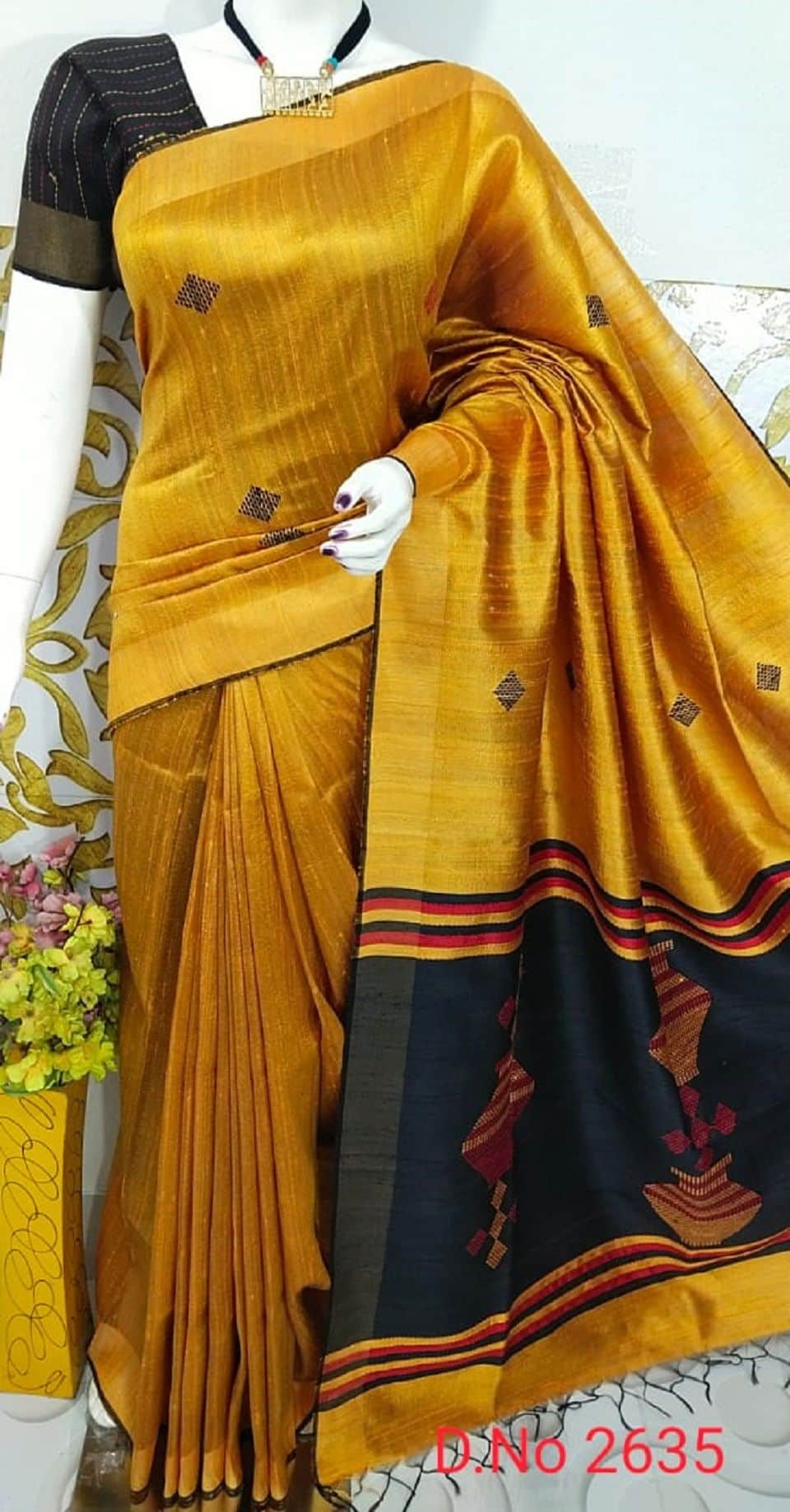 Golden Yellow Black Handwoven Pure Tussar Dupion Raw Silk Saree