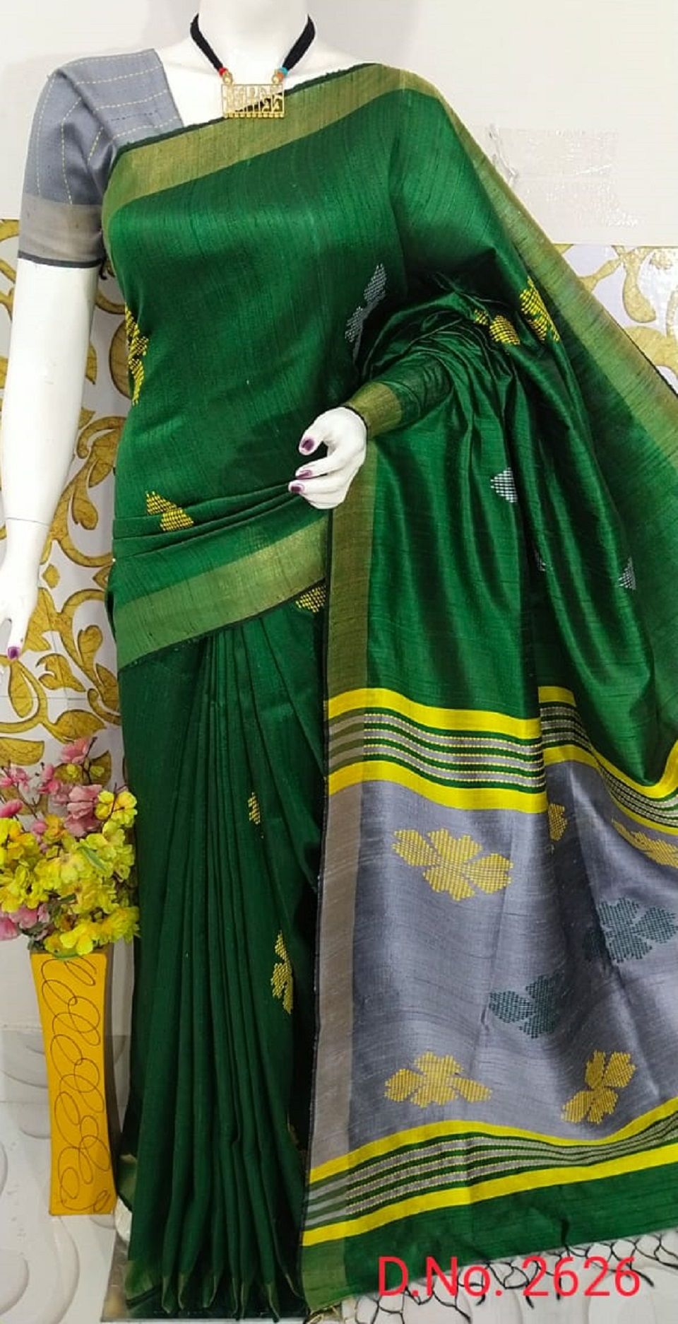 Gorgeous Green Grey Handwoven Pure Tussar Dupion Raw Silk Saree
