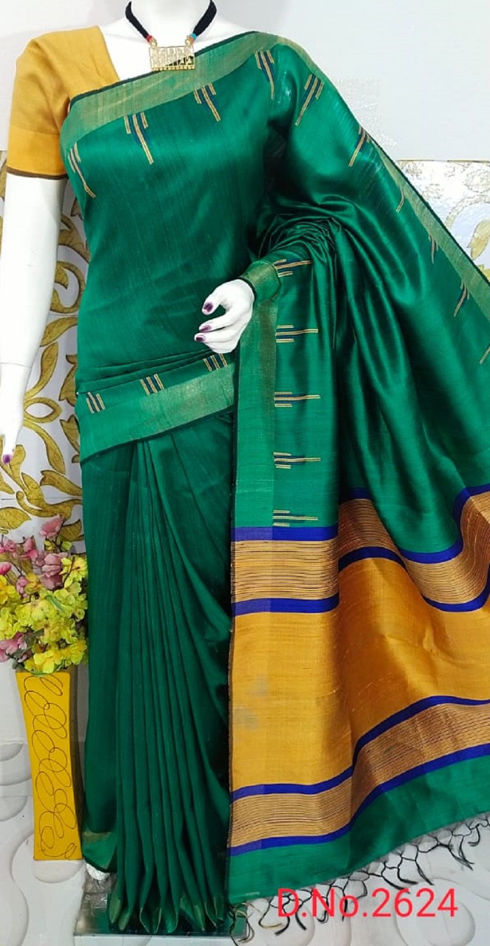 Graceful Teal Green Pure Tussar Dupion Raw Silk Handwoven Saree