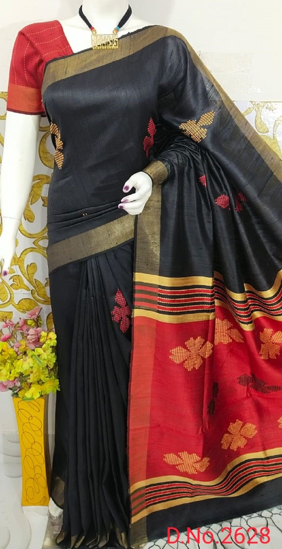Jet Black Red Handwoven Pure Tussar Dupion Raw Silk Saree
