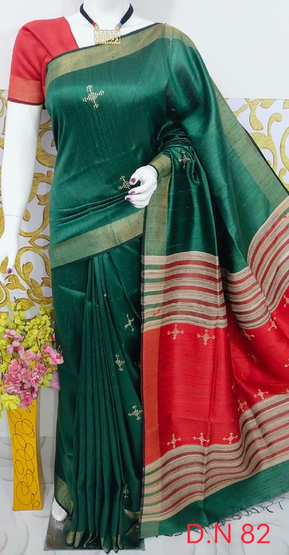 Lovely Green Red Handwoven Pure Tussar Dupion Raw Silk Saree