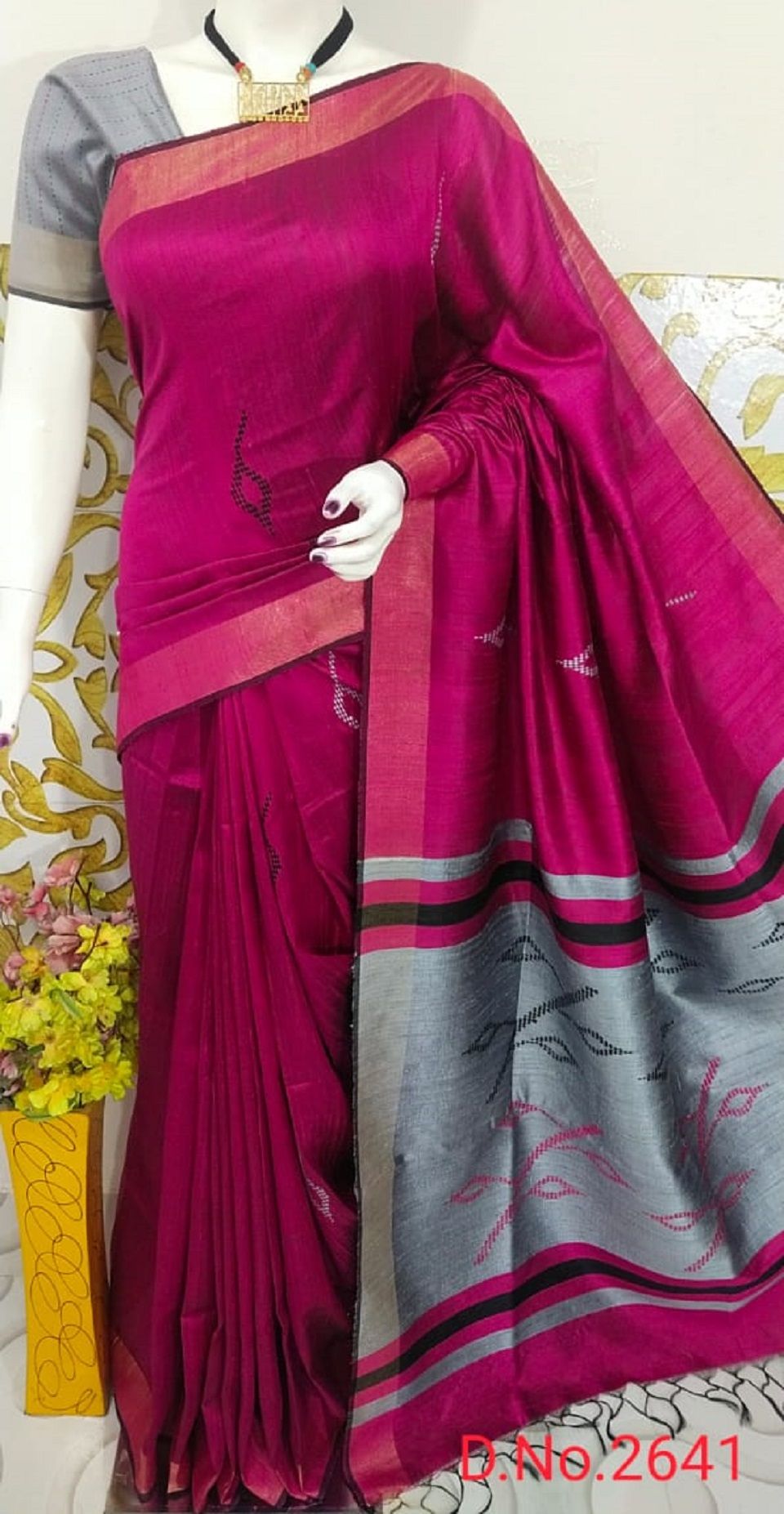 Luminous Rani Pink Grey Pure Tussar Dupion Raw Silk Saree