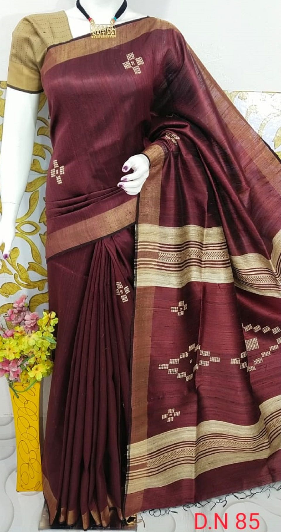Maroon Muse Handwoven Pure Tussar Dupion Raw Silk Saree with Antique Gold Border