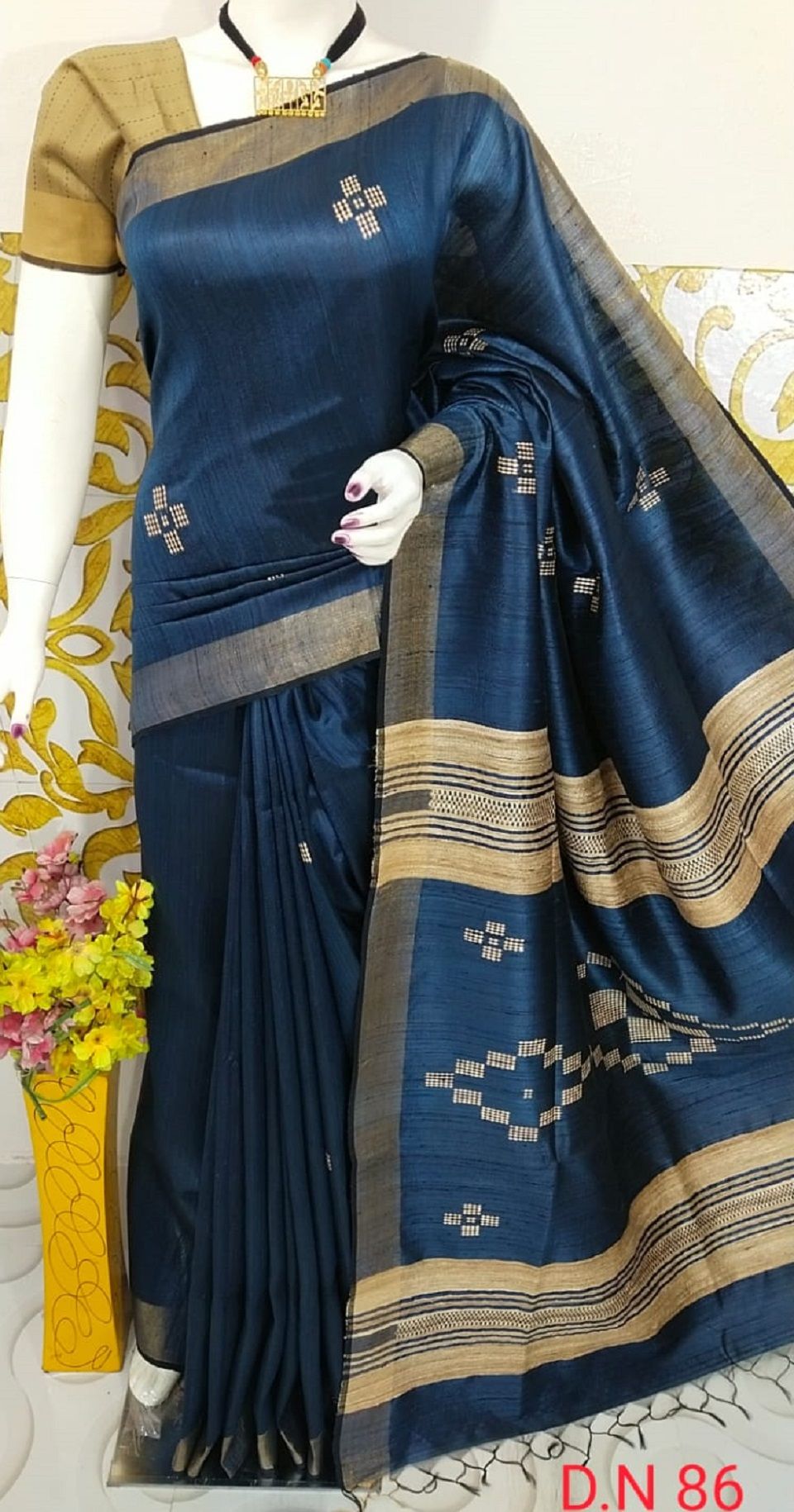 Midnight Majesty Handwoven Navy Pure Tussar Dupion Raw Silk Saree