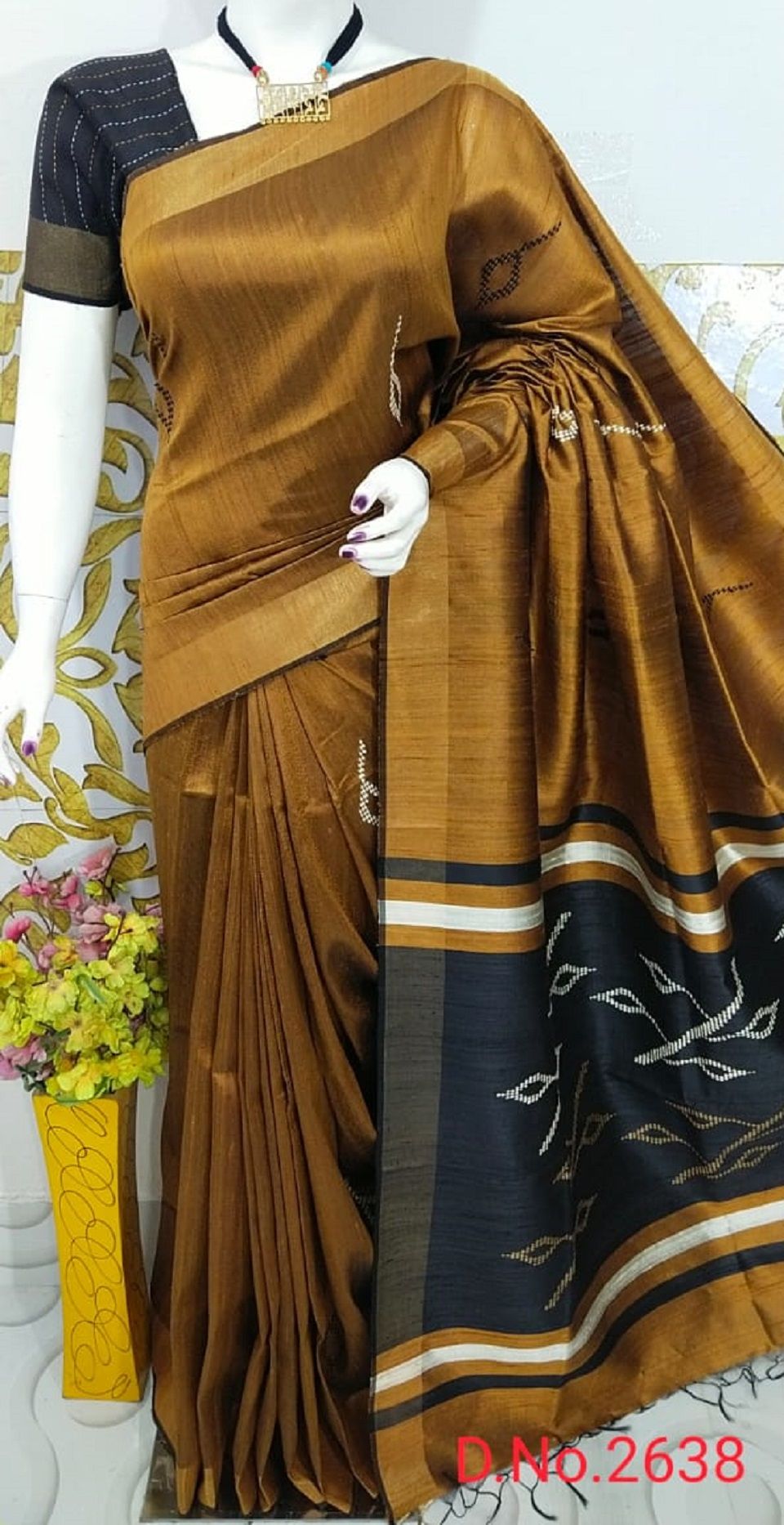 Mustard Brown Black Handwoven Pure Tussar Dupion Raw Silk Saree