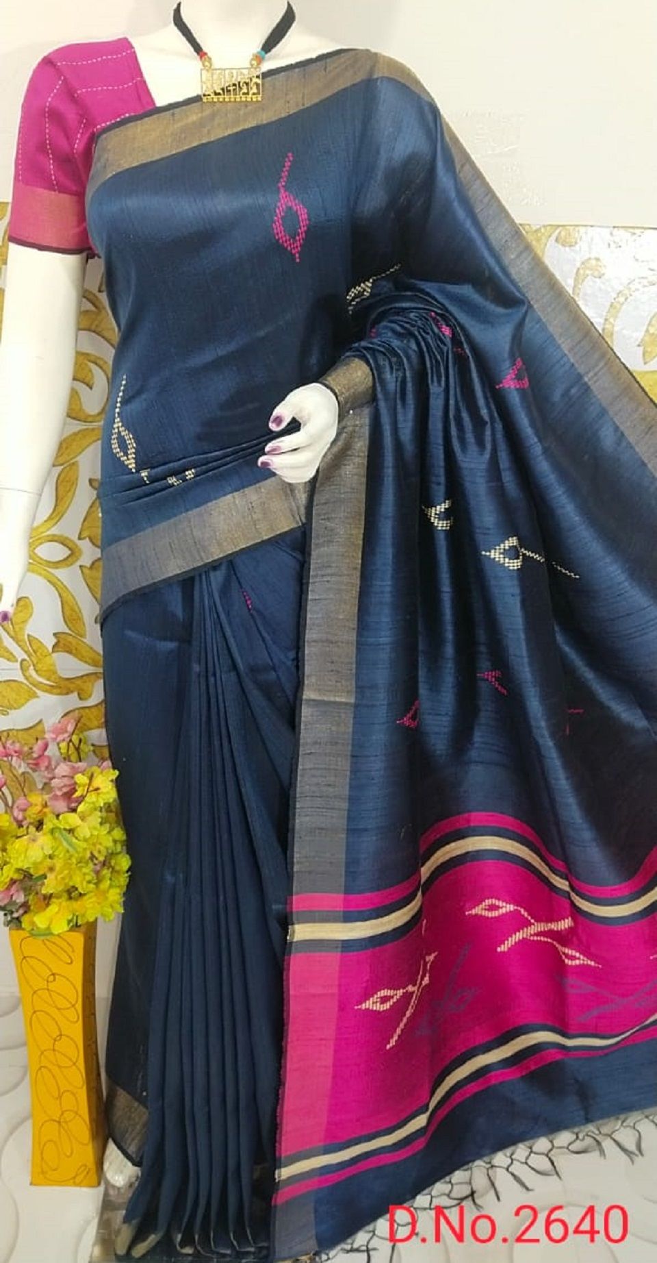 Navy Blue Hot Pink Handwoven Pure Tussar Dupion Raw Silk Saree