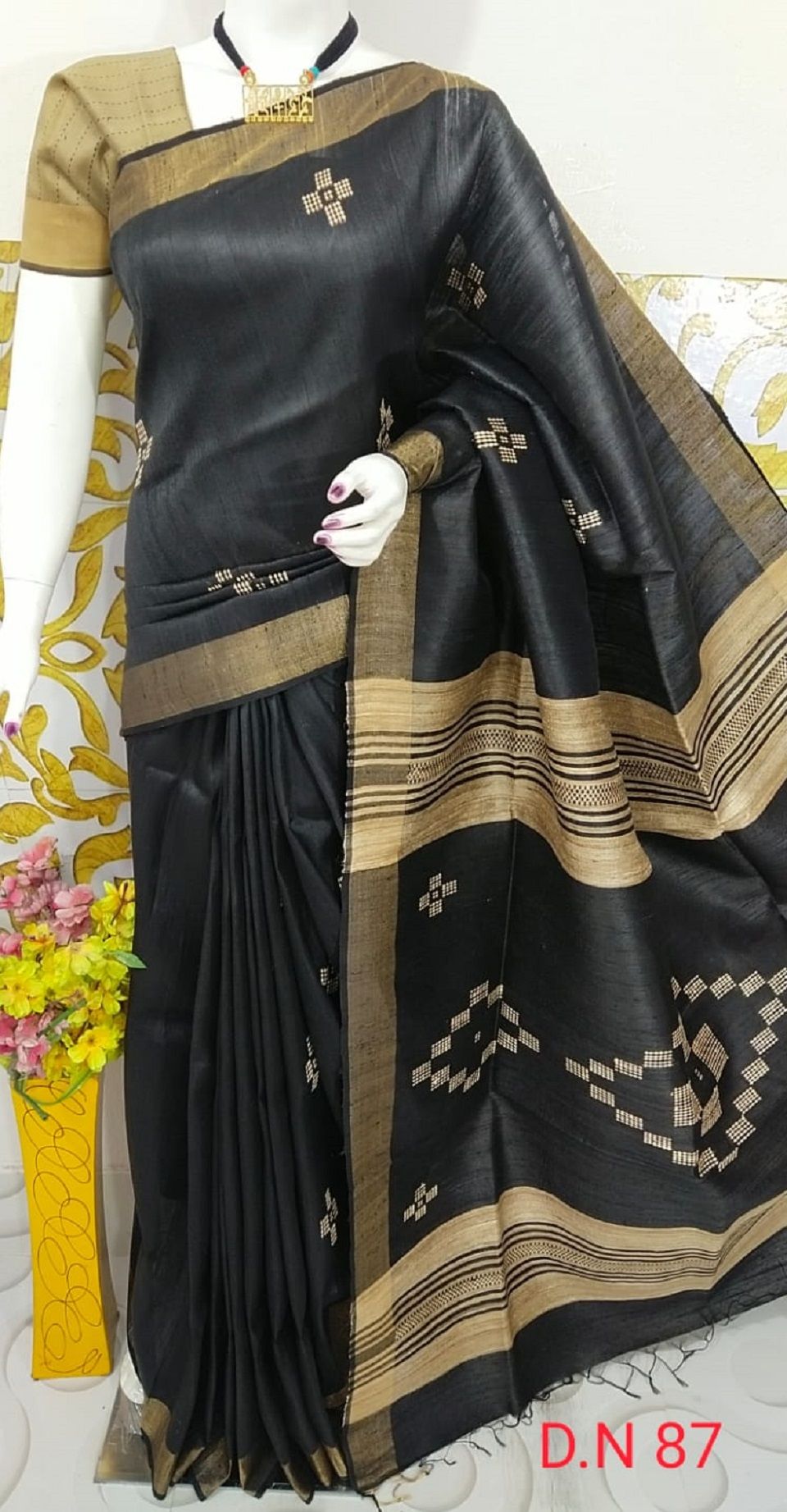 Noir Grace Handwoven Black Pure Tussar Dupion Raw Silk Saree