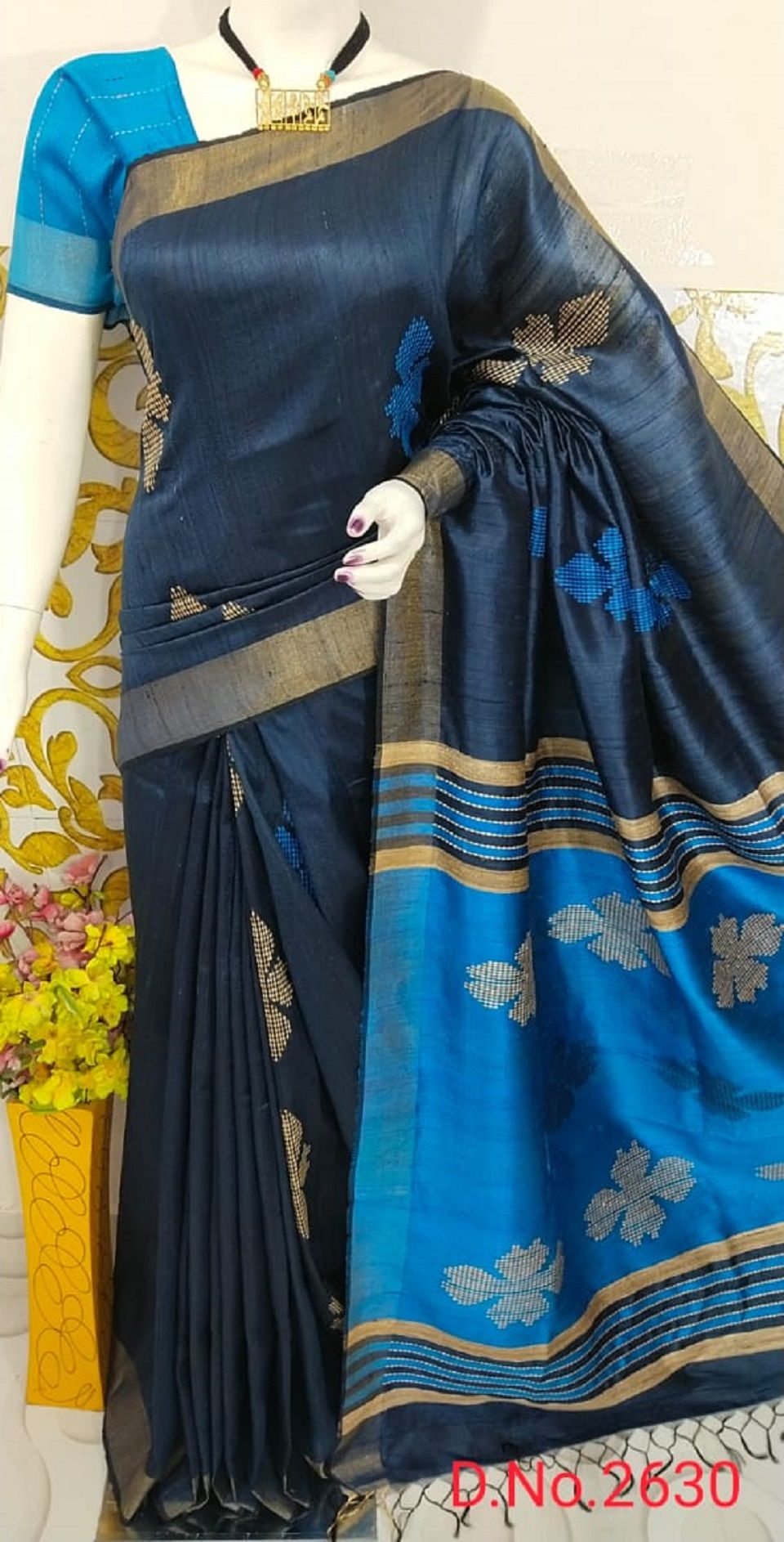 Ocean Twilight Ink Blue Handwoven Pure Tussar Dupion Raw Silk Saree