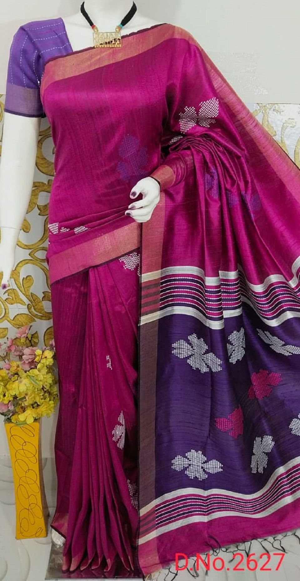Pleasing Magenta Purple Pure Tussar Dupion Raw Silk With Black Pallu