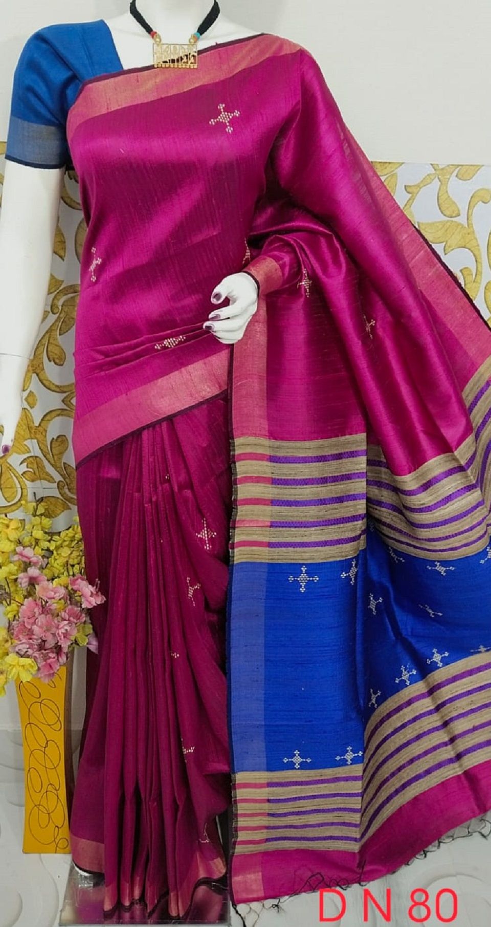 Radiant Pink Blue Handwoven Pure Tussar Dupion Raw Silk Saree