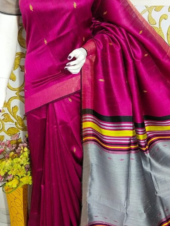 Ravishing Pink Grey Yellow Pure Tussar Dupion Raw Silk Saree