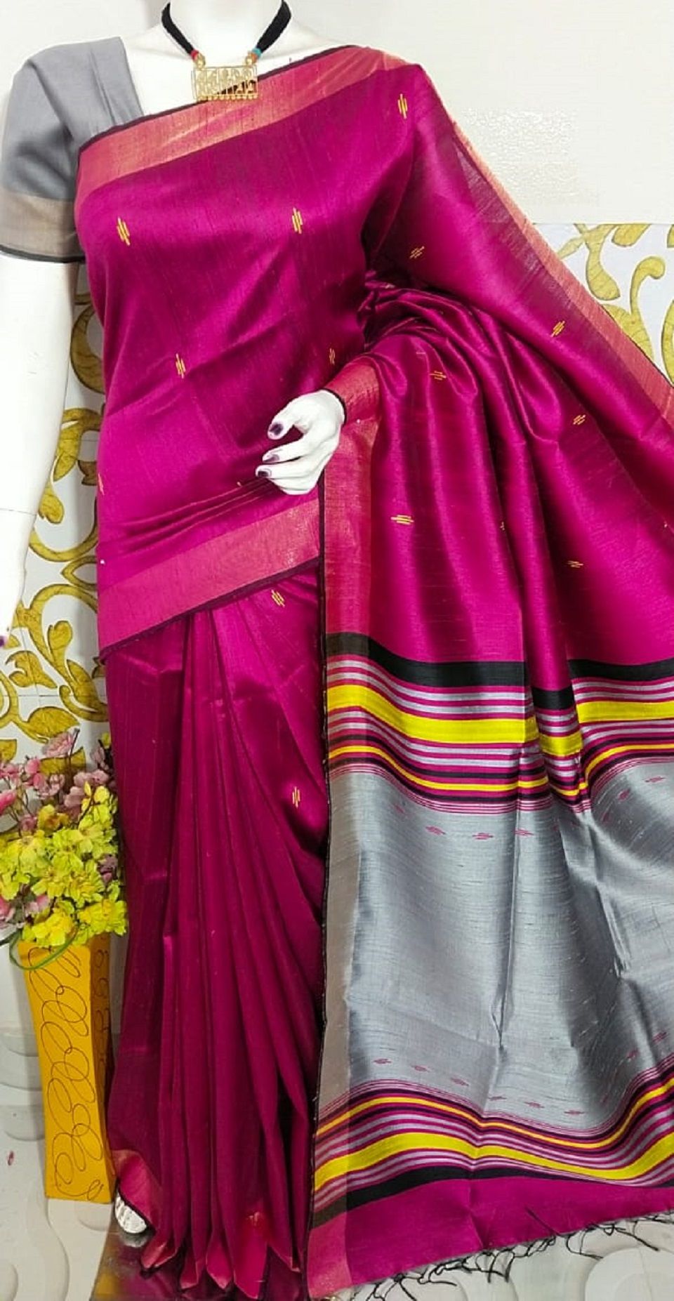 Ravishing Pink Grey Yellow Pure Tussar Dupion Raw Silk Saree