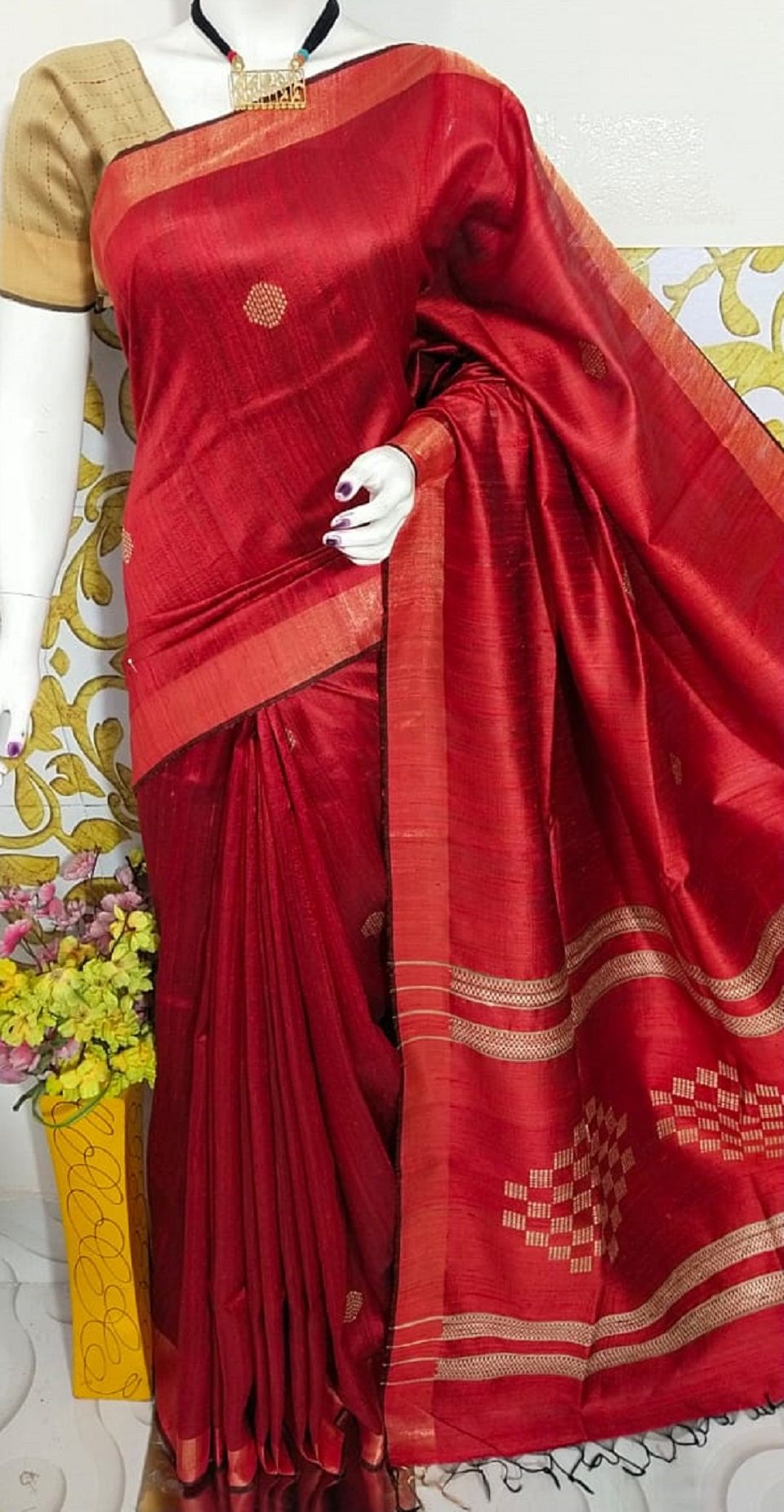 Rich Red Pure Tussar Dupion Raw Silk Handwoven Saree