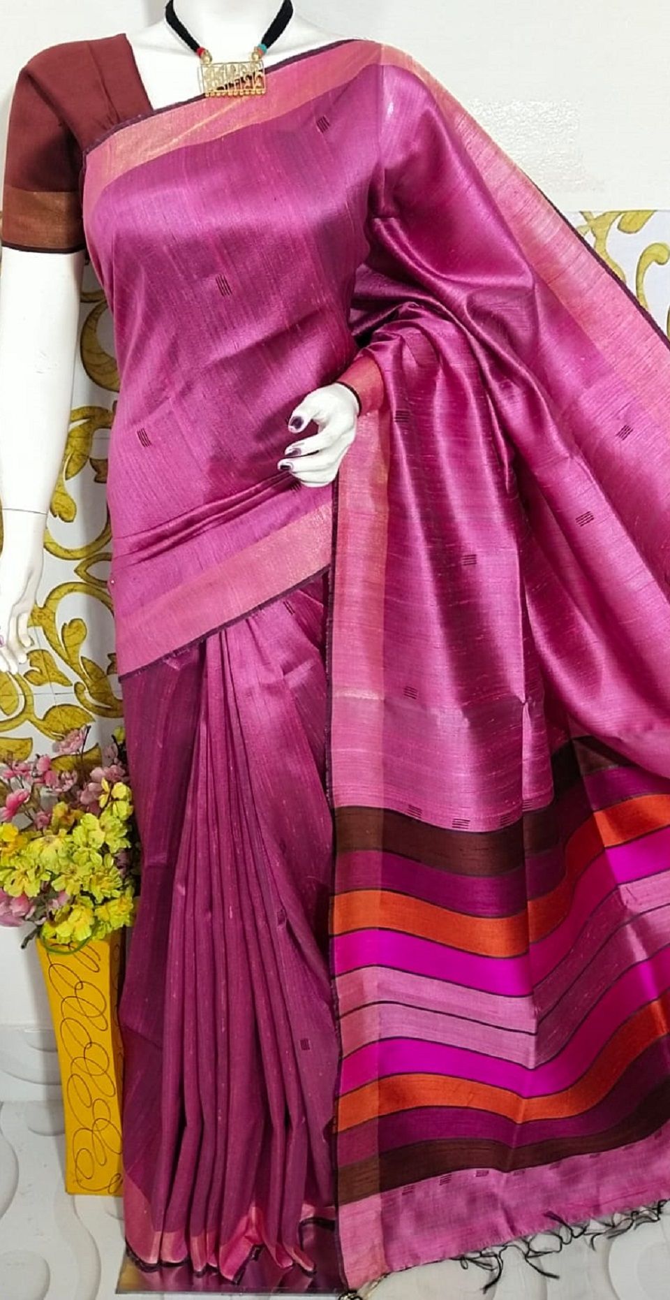 Rose Pink Pure Tussar Dupion Raw Silk Handwoven Saree