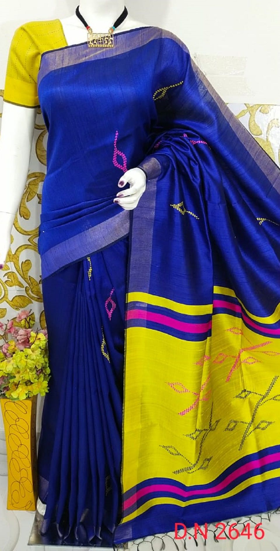 Royal Blue Yellow Pure Tussar Dupion Raw Silk Handwoven Saree