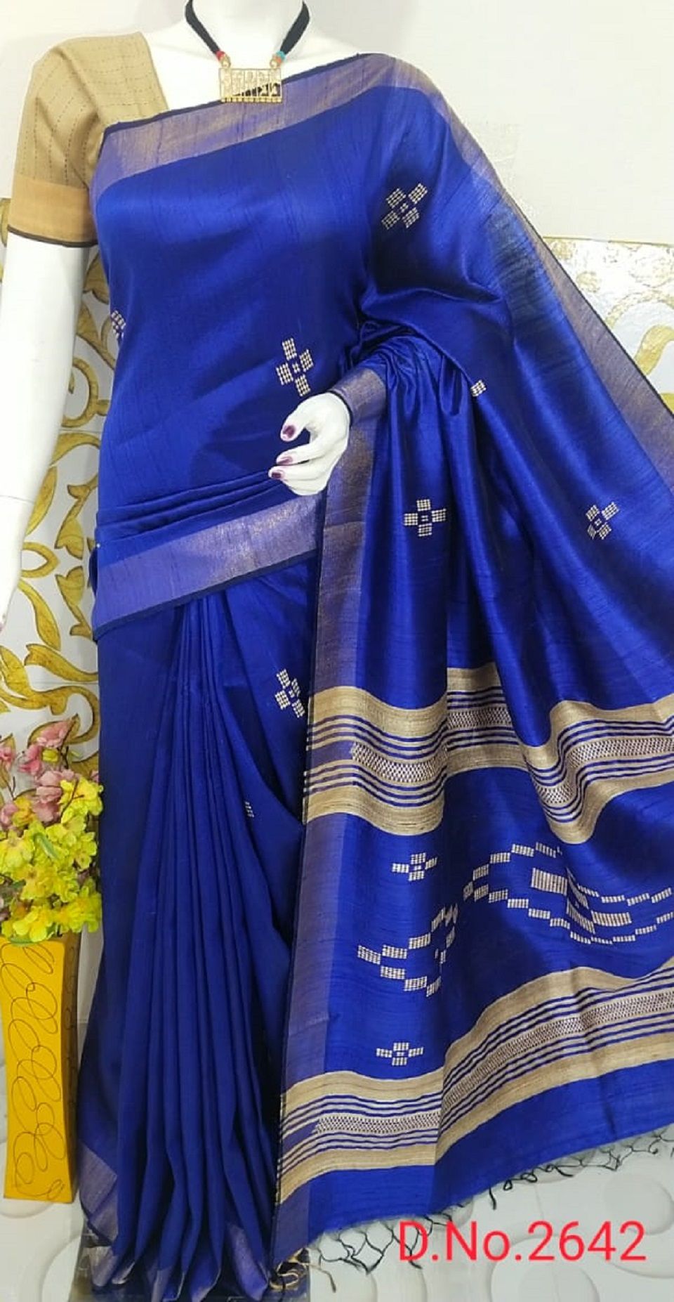 Royal Sapphire Handwoven Pure Tussar Dupion Raw Silk Saree