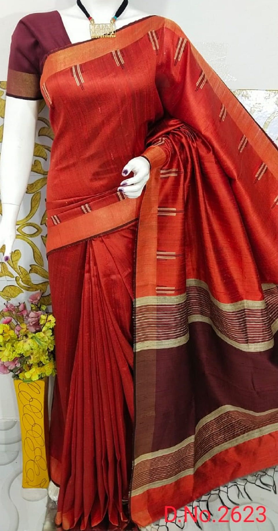 Rust Orange Pure Tussar Dupion Raw Silk Handwoven Saree With Maroon Pallu