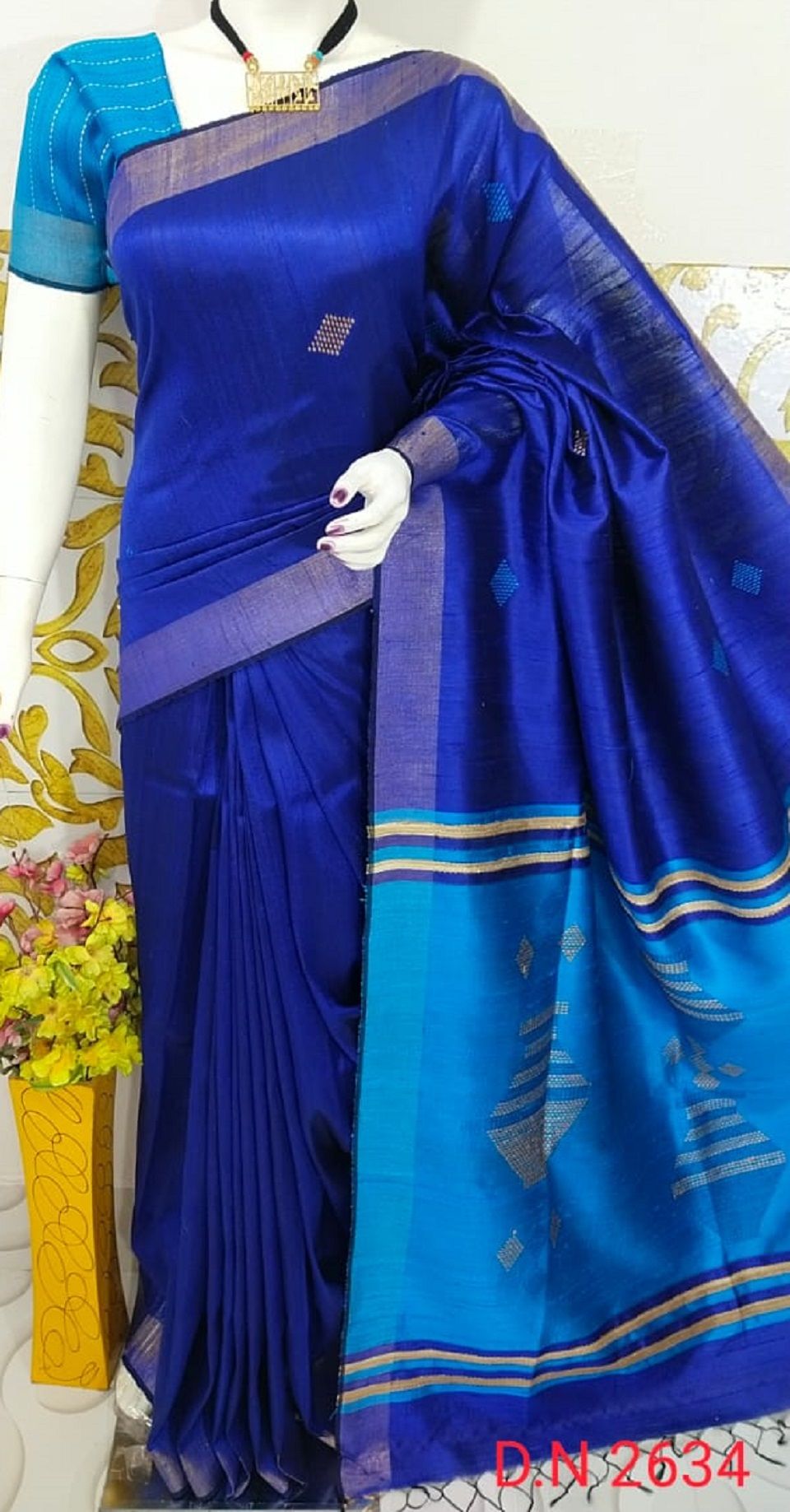 Spectacular Blue Tone Handwoven Pure Tussar Dupion Raw Silk Saree