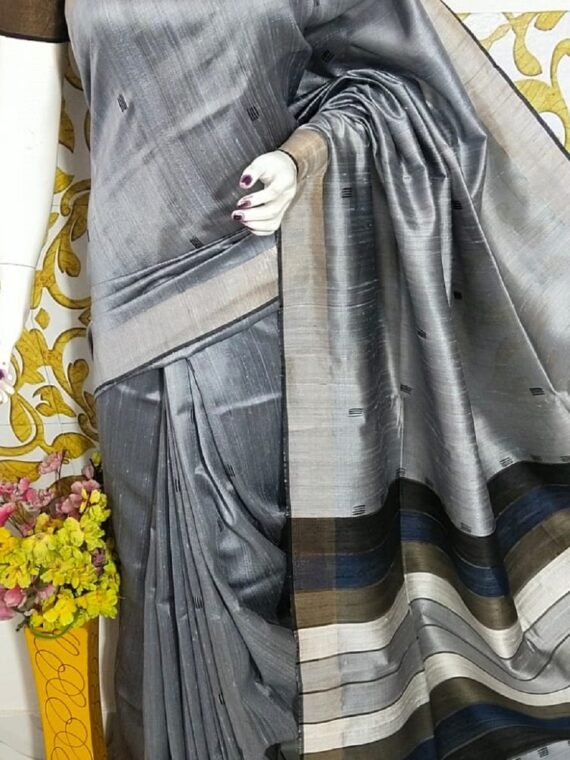 Stunning Grey Black Pure Tussar Dupion Raw Silk Saree