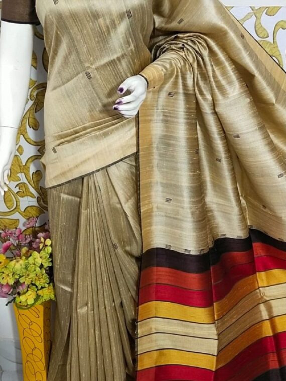 Subtle Golden Multi Color Pallu Handwoven Pure Tussar Dupion Raw Silk Saree