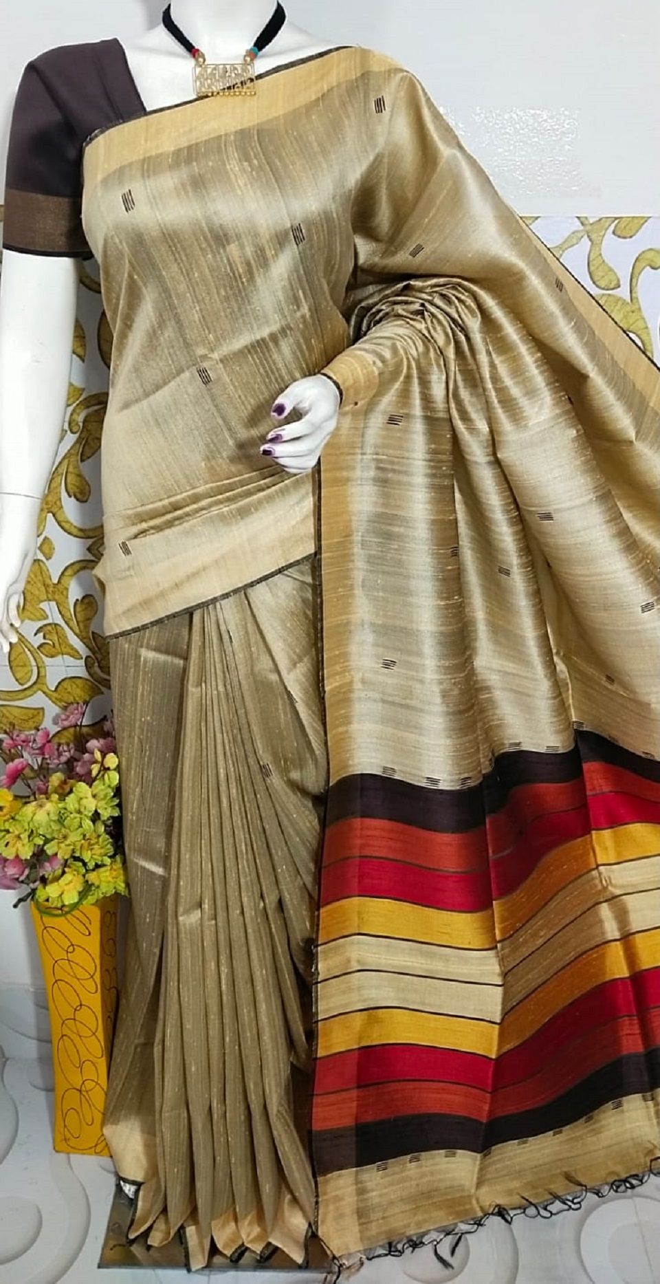 Subtle Golden Multi Color Pallu Handwoven Pure Tussar Dupion Raw Silk Saree