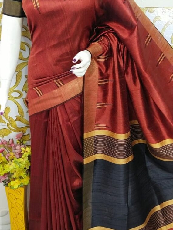 Twinkling Rust Black Pure Tussar Dupion Raw Silk Handwoven Saree