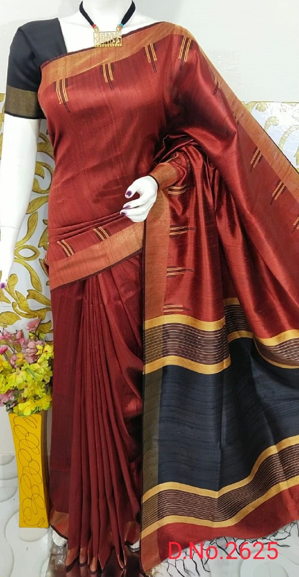 Twinkling Rust Black Pure Tussar Dupion Raw Silk Handwoven Saree