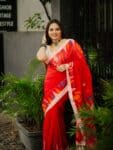 Vibrant Crimson Red Handwoven Cotton Saree With Geometric Elegance