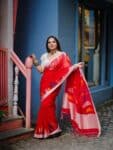 Vibrant Crimson Red Handwoven Cotton Saree With Geometric Elegance