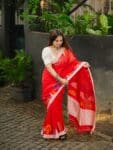 Vibrant Crimson Red Handwoven Cotton Saree With Geometric Elegance