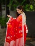 Vibrant Crimson Red Handwoven Cotton Saree With Geometric Elegance