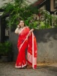 Vibrant Crimson Red Handwoven Cotton Saree With Geometric Elegance