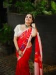 Vibrant Crimson Red Handwoven Cotton Saree With Geometric Elegance