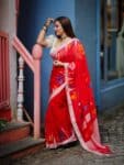 Vibrant Crimson Red Handwoven Cotton Saree With Geometric Elegance