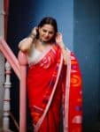 Vibrant Crimson Red Handwoven Cotton Saree With Geometric Elegance