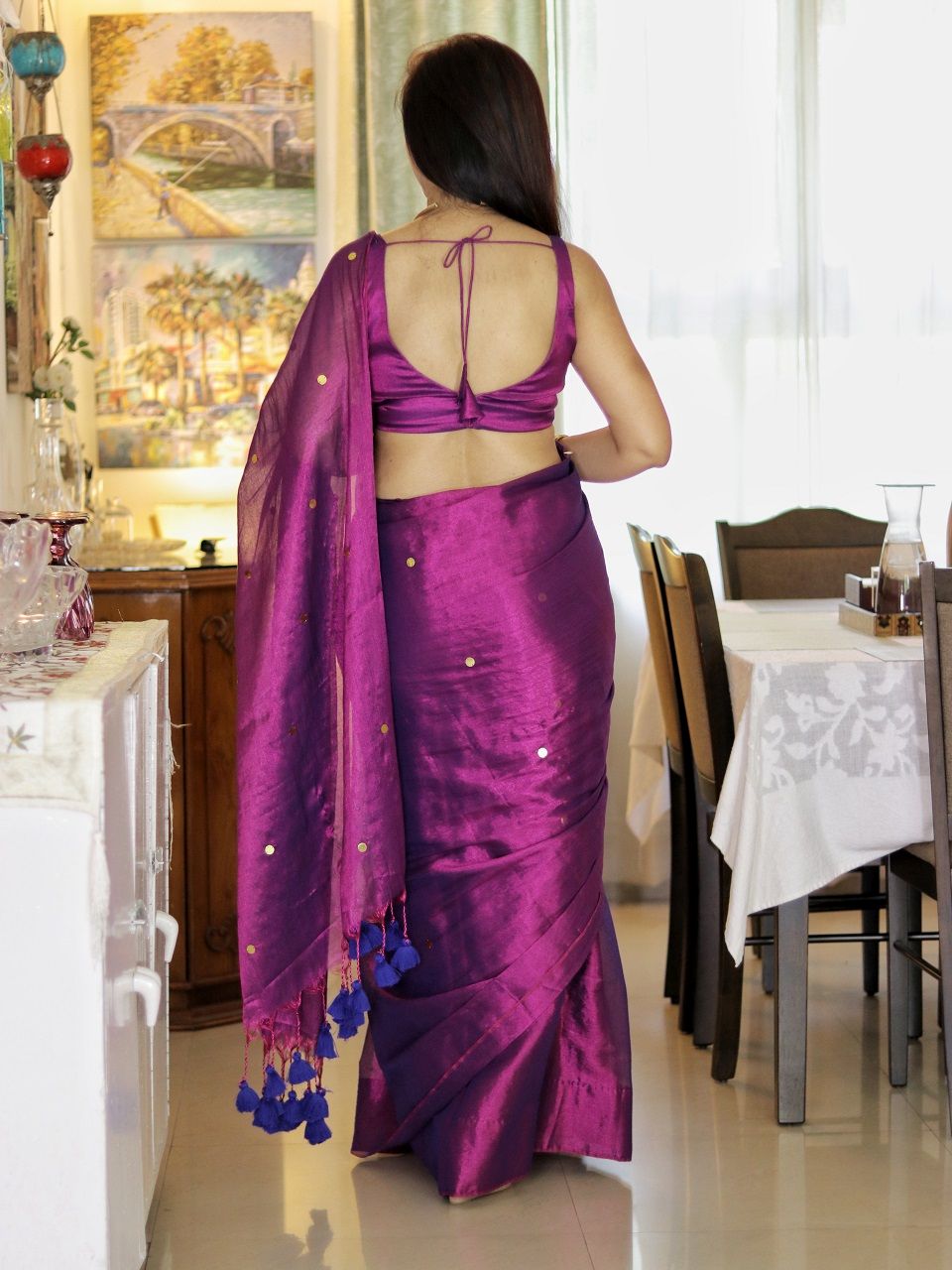 Metallic Purple Sequin-Embellished Cotton Tissue Saree with Running Blouse