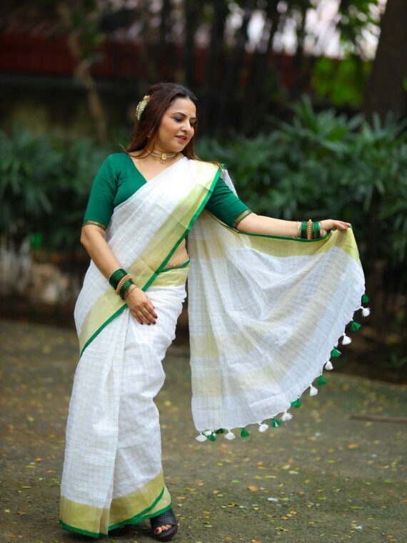 Param Sundari Golden Check Linen Saree With Green Selvedge Border