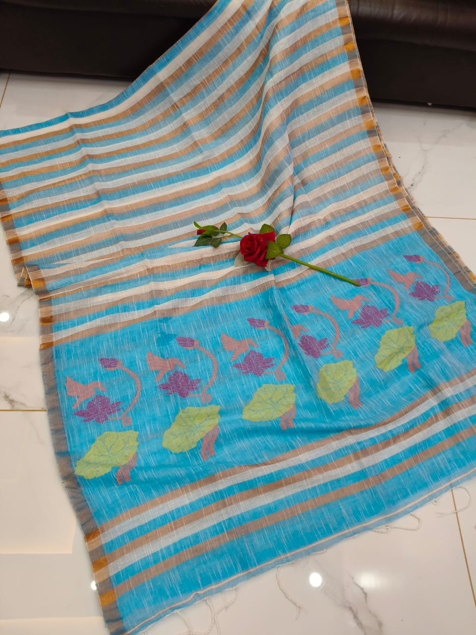 Awesome Sky Blue Stripe Pattern Handloom Linen Jamdani Saree