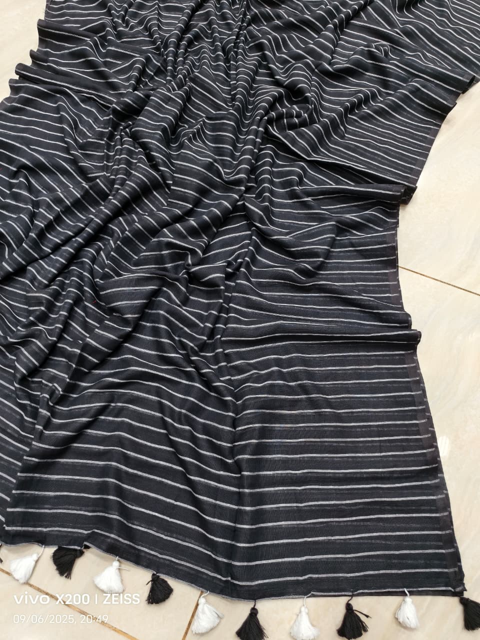 Black Stripe Design Mul Cotton Saree With Running Blouse