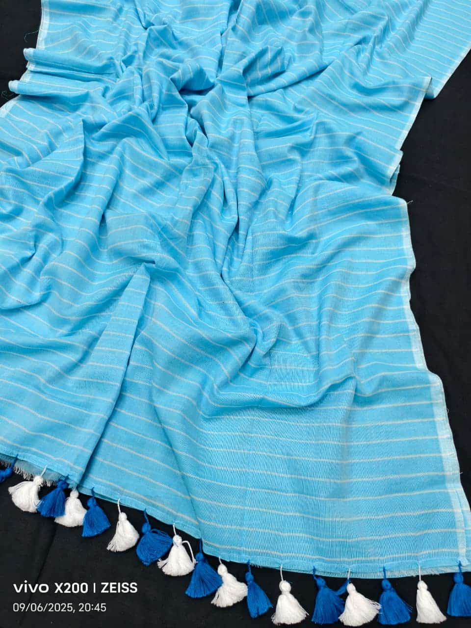 Blue Stripe Design Mul Cotton Saree With Running Blouse