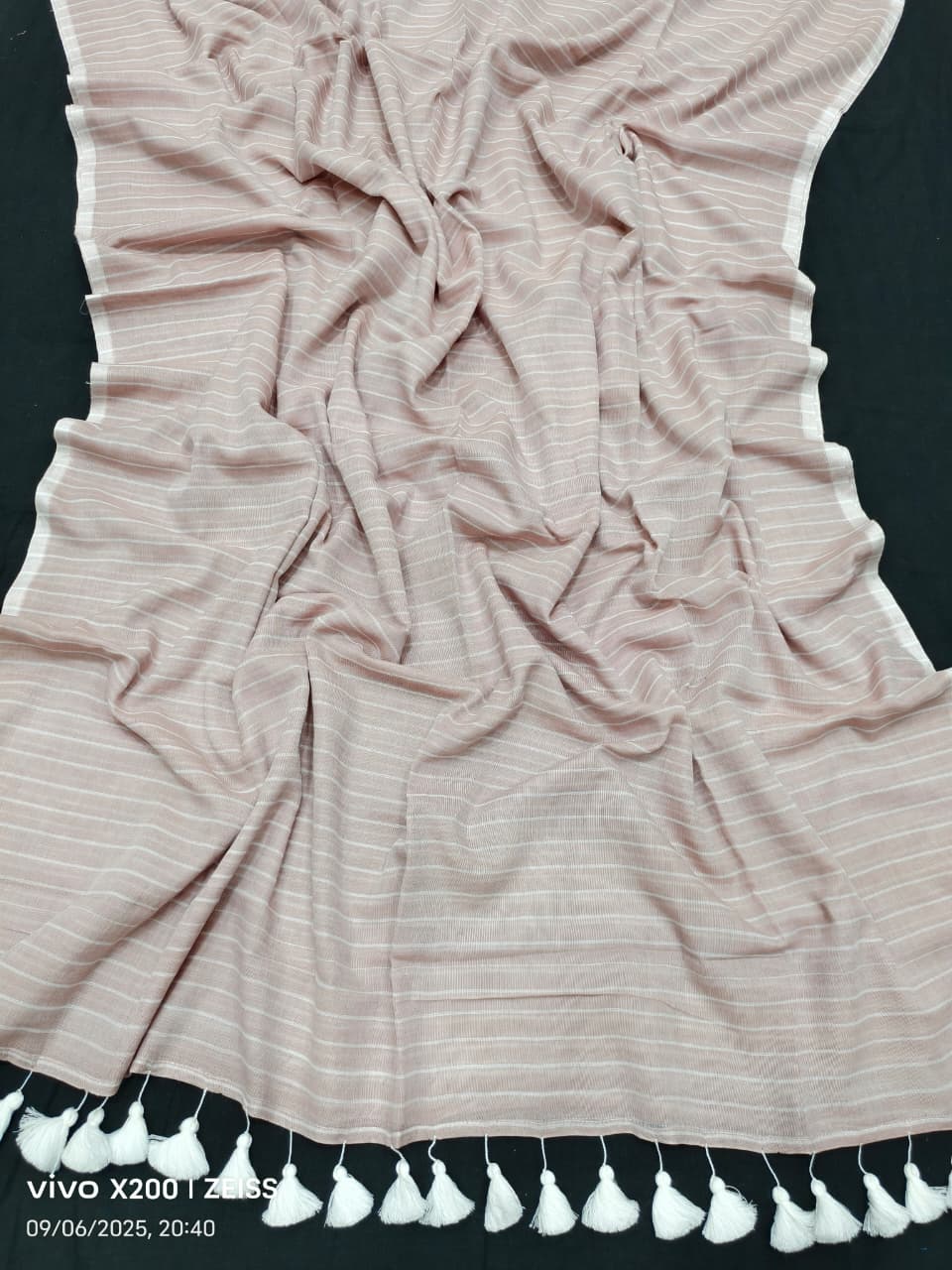 Cream Beige Stripe Design Mul Cotton Saree With Running Blouse